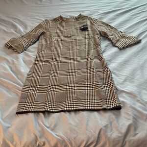 H&M Black and White Plaid Mini Dress with Swan brooch